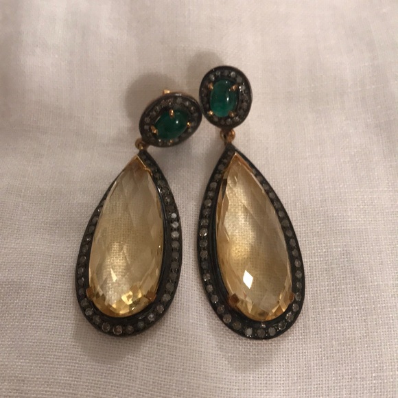 Jennifer Miller YG/SS Citrine/Dia/Emerald Earrings - Picture 3 of 8